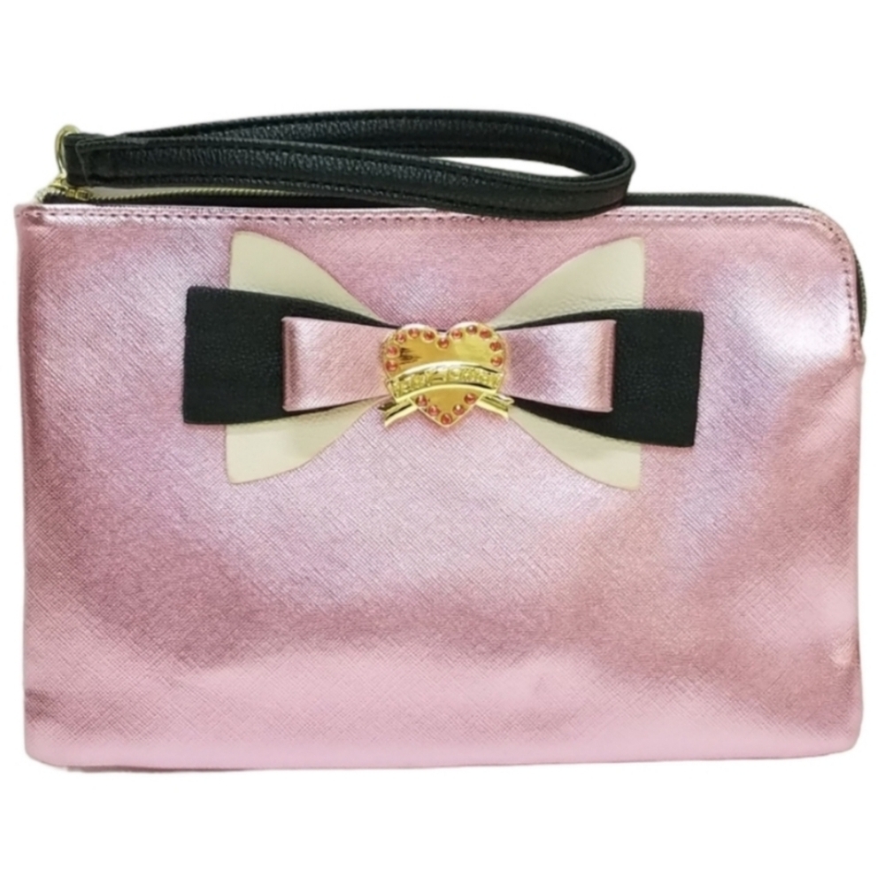Betsey Johnson Saffiano Blush Metallic Bow Wristlet Clutch Pouch zip bag - Picture 8 of 16